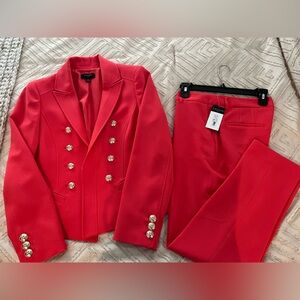 Tahari ASL Vibrant Red Blazer Suit with Gold Metallic Buttons and pants